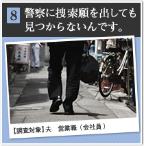 8 警察に捜索願を出しても見つからないんです。 【調査対象】夫　営業職（会社員）