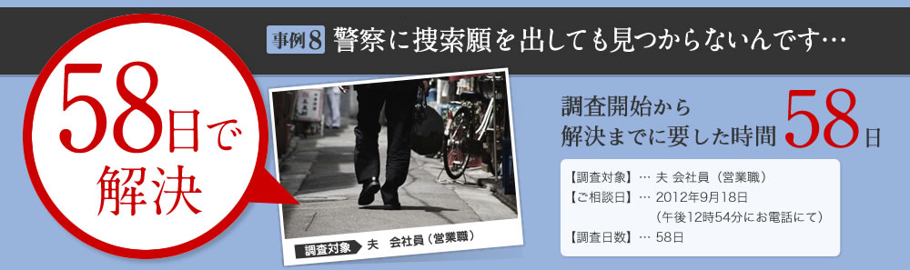 8日で 解決 はやぶさ・ダブル適用 事例6 夫が、私の親友と不倫？！ 調査開始から 解決までに要した時間 8日 【調査対象】… 夫 サラリーマン（営業職） 【ご相談日】… 2011年10月11日 （深夜1時09分にお電話にて） 【調査日数】… 8日