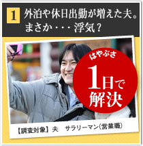 1 外泊や休日出勤が増えた夫。まさか・・・浮気？ はやぶさ 1日で解決 【調査対象】夫　サラリーマン（営業職）