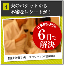 4 夫のポケットから不審なレシートが！ はやぶさ・ダブル 6日で 解決 【調査対象】夫　サラリーマン（営業職）