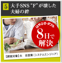 5大手SNS“F”が壊した夫婦の絆 はやぶさ・ダブル 8日で解決 【調査対象】夫　自営業（システムエンジニア）