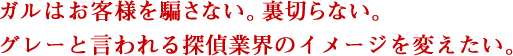 ガルはお客様を騙さない 。裏切らない。 グレーと言われる探偵業界のイメージを変えたい。